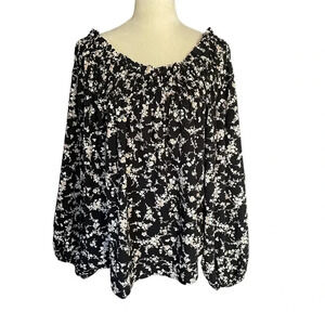 Ces Femme Floral Balloon Sleeves Smocked Neckline Top Women Blouse Size XL